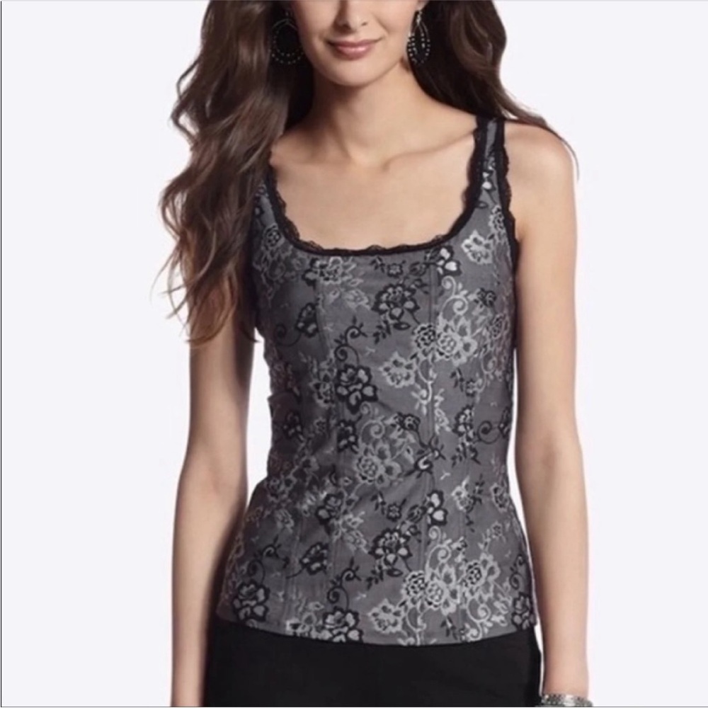 White House Black Market Black and Gray Floral Embroidered Lace Top✨